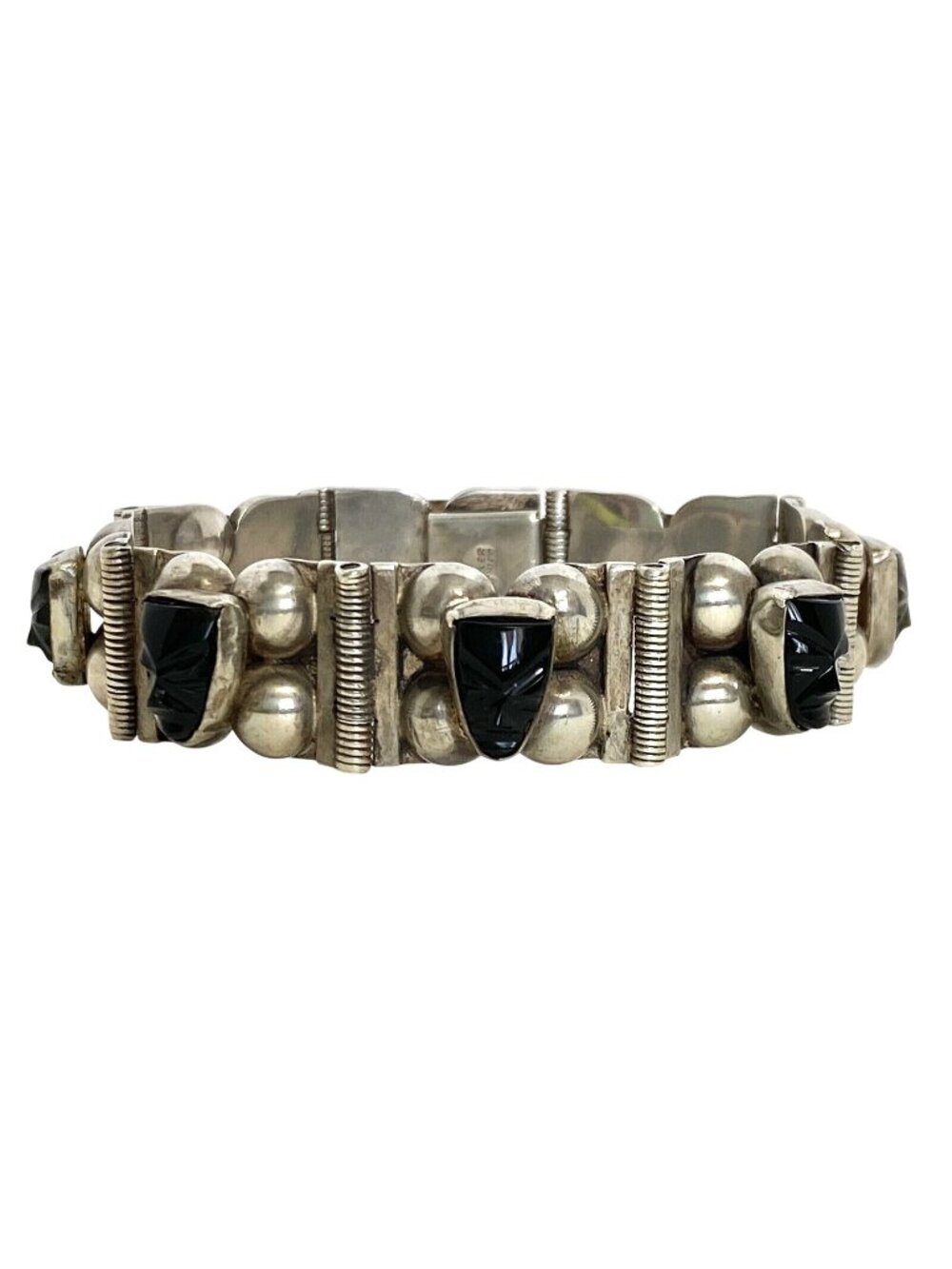 Mexico Silver Onyx Carved Masks Chunky Sterling 925 Bracelet 7.3in 42.4g Vtg